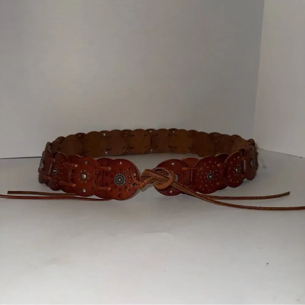 Fossil Brown Leather Scalloped Western Belt with Stud Accents